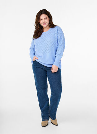 Zizzi Strikbluse med hulmønster, Cornflower Blue Mel., Model image number 2