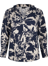 Langærmet skjorte med print og v-hals, Navy Blazer AOP