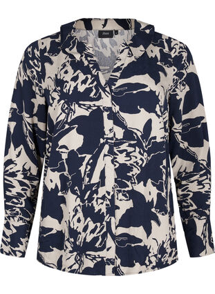 Zizzi Langærmet skjorte med print og v-hals, Navy Blazer AOP, Packshot image number 0