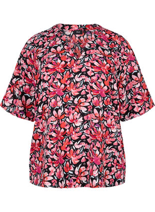 Zizzi V-hals bluse med blomsterprint, Black Flower AOP, Packshot image number 0
