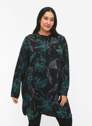 Zizzi FLASH - Blomstret tunika med lange ærmer, Black Scarab Flower, Model image number 0