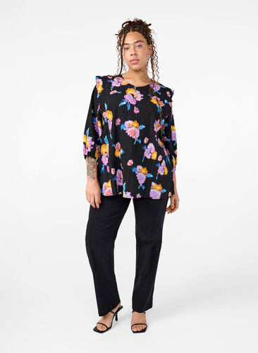 Zizzi Blomstret bluse med rund hals og lynlås, Black w. Flower AOP, Model image number 1