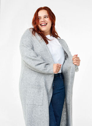 Zizzi Lang strikcardigan med lommer, Light Grey Melange, Image image number 0