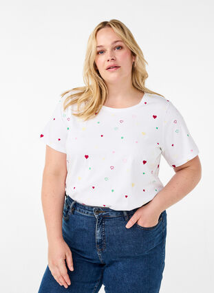 Zizzi T-shirt i økologisk bomuld med hjerter., White Heart Emb., Model image number 0