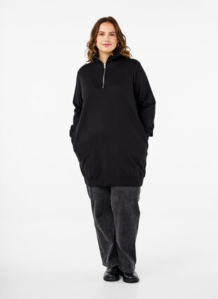 Zizzi Sweat tunika med hætte og lynlås, Black, Model image number 2