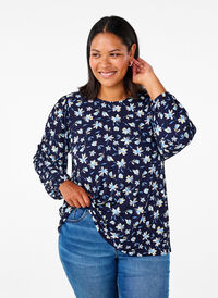 Bluse med lange ærmer og blomsterprint, Night Sky AOP, Model