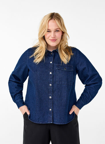 Zizzi Denimjakke med brystlomme, Unwashed Denim, Model image number 0