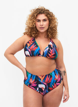 Zizzi Bikini underdel med print og høj talje, Bright Leaf, Model image number 0
