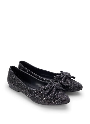 Zizzi Wide fit glitter ballerina med sløjfe, Black, Packshot image number 1