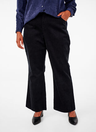 Zizzi Fløjlsbukser med bootcut og høj talje, Black, Model image number 2