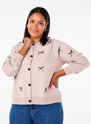 Zizzi Strikcardigan med sløjfer, Simply T. Black Bows, Model image number 0