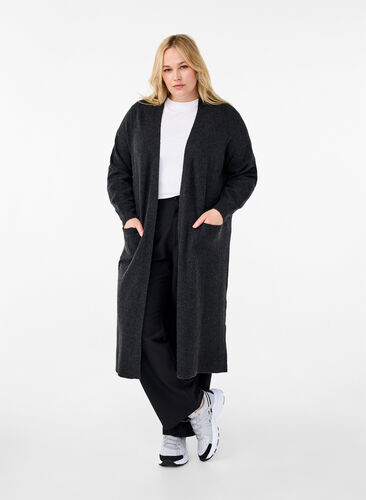 Zizzi Lang strikcardigan med lommer, Dark Grey Melange, Model image number 0