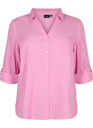 Zizzi Skjortebluse med knaplukning i bomuldsmix med hør, Rosebloom, Packshot image number 0