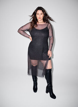 Zizzi Net kjole med lange ærmer, Black w. Silver, Image image number 1