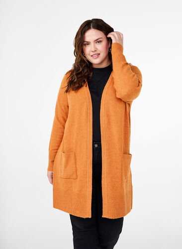 Zizzi Meleret strik cardigan med lommer, Marmelade White Mel., Model image number 0