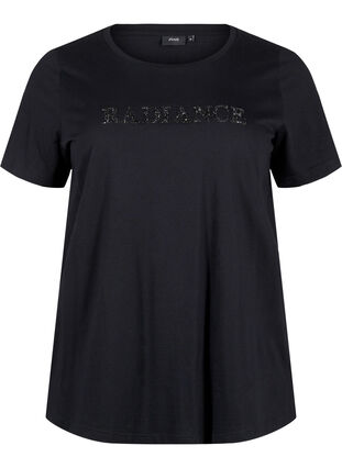 Zizzi Bomulds t-shirt med rhinesten motiv, Black w. Radiance, Packshot image number 0