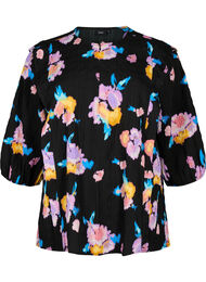 Blomstret bluse med rund hals og lynlås, Black w. Flower AOP