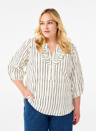 Zizzi 3/4 ærmet bluse i bomuld med striber, Eggnog Black Stripe, Model image number 0