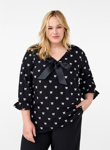 Zizzi Bluse med sløjfer og 3/4 ærmer, Black White Bow, Model image number 0