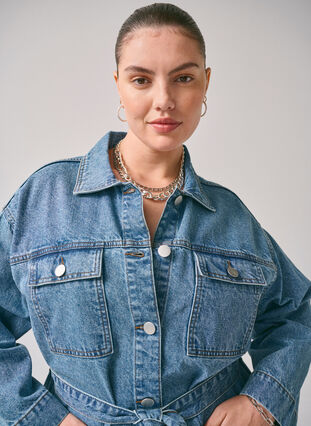 Zizzi Denimjakke med bindebælte, Blue Denim, Image image number 1