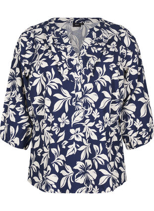 Zizzi 3/4 ærmet bluse i bomuld med prikker, Naval Academy Flower, Packshot image number 0