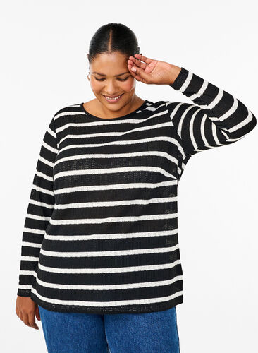 Zizzi Bluse med striber og lange ærmer, Black Sand Stripe, Model image number 0