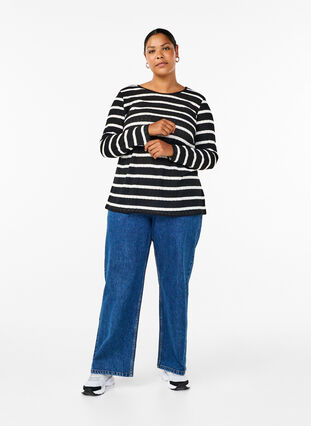 Zizzi Bluse med striber og lange ærmer, Black Sand Stripe, Model image number 2