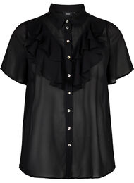 Kortærmet skjortebluse med flæser, Black