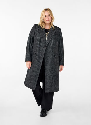 Zizzi Lang frakke med uld og sildebensmønster, Dark Grey Melange, Model image number 2