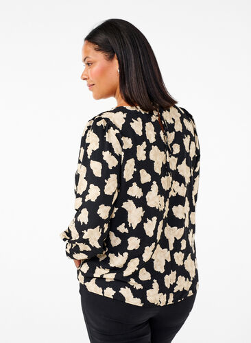 Zizzi Langærmet bluse med print og sløjfer, Black AOP, Model image number 1