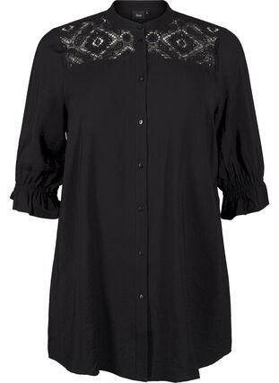 Zizzi Lang viskoseskjorte med blondedetalje, Black, Packshot image number 0
