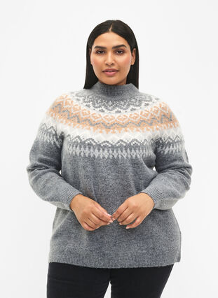 Zizzi Strikbluse med mønster, Medium G. Mel. Comb, Model image number 0