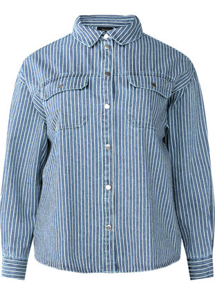 Zizzi Stribet denimskjorte med brystlommer, Light B.Denim Stripe, Packshot image number 0