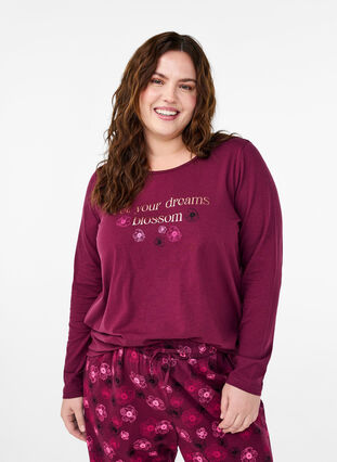 Zizzi Natbluse i bomuld med tekstprint, Fig w. Blossom, Model image number 0