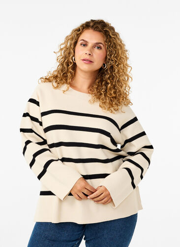 Zizzi Stribet strikbluse med rund hals, Birch w. Black, Model image number 0