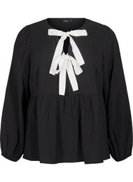 Viskosebluse med sløjfer og lange ærmer, Black White Bow