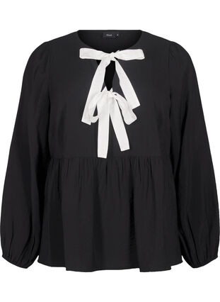 Zizzi Viskosebluse med sløjfer og lange ærmer, Black White Bow, Packshot image number 0