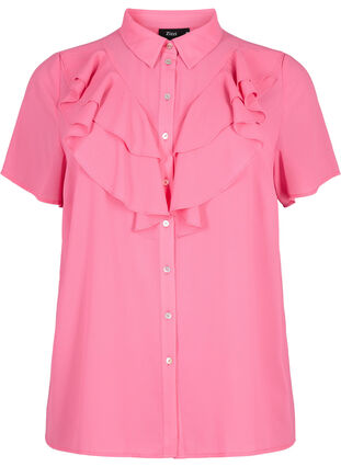 Zizzi Kortærmet skjortebluse med flæser, Pink Power, Packshot image number 0