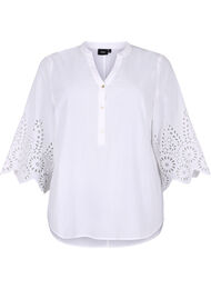 Skjortebluse med broderi anglaise og 3/4 ærmer, Bright White