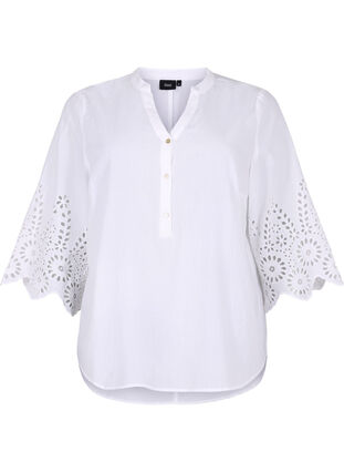 Zizzi Skjortebluse med broderi anglaise og 3/4 ærmer, Bright White, Packshot image number 0