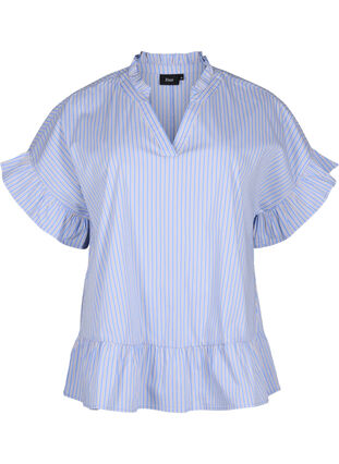 Zizzi Stribet bluse med peplum og flæsedetaljer, Blue Stripe, Packshot image number 0