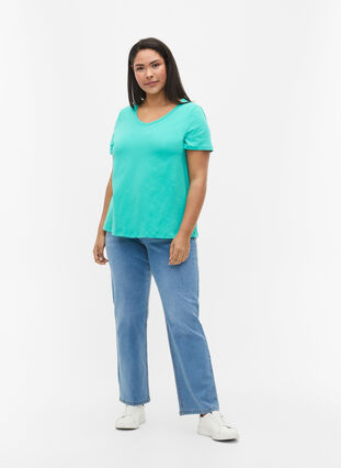 Zizzi Ensfarvet basis t-shirt i bomuld, Aqua Green, Model image number 2