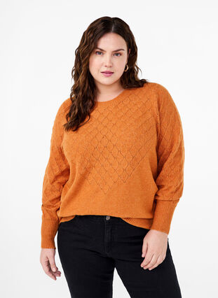 Zizzi Strikbluse med hulmønster, Marmelade Mel., Model image number 0