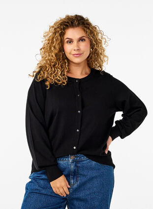 Zizzi Strikcardigan med rund hals og knapper, Black, Model image number 0