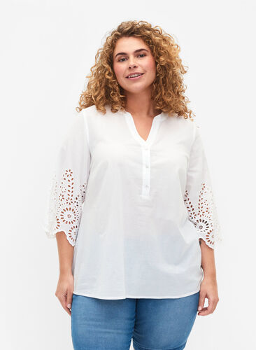 Zizzi Skjortebluse med broderi anglaise og 3/4 ærmer, Bright White, Model image number 0