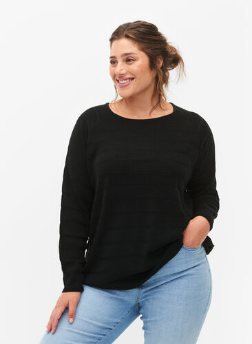 Zizzi Strikbluse med tone-i-tone striber, Black, Model image number 0