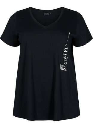 Zizzi Bomulds trænings t-shirt med tryk, Black w. Playstyle, Packshot image number 0