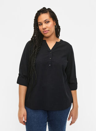 Zizzi Skjortebluse i bomuld med v-udskæring, Black, Model image number 0