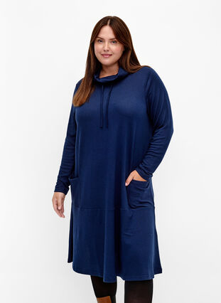 Zizzi Jerseykjole med høj hals og lommer, Dress Blues Mel., Model image number 0