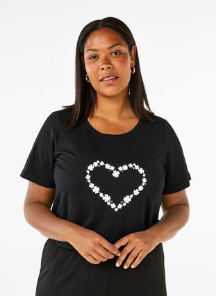 Zizzi FLASH - T-shirt med motiv, Black Flower Heart , Model image number 0